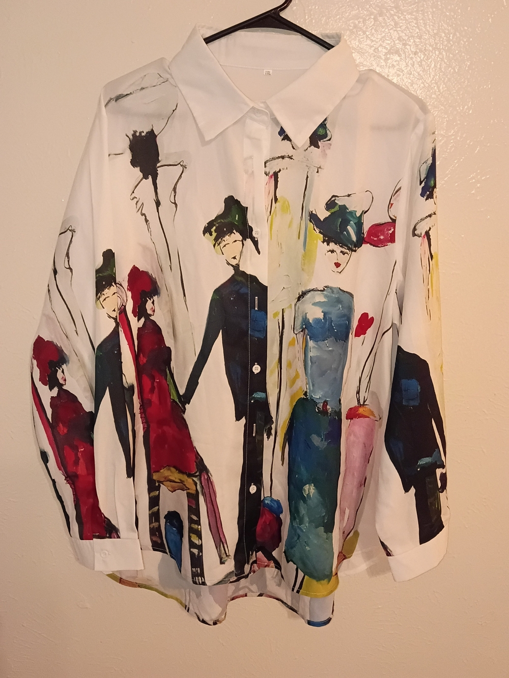 White Artistic Figurative Button-Up Blouse with Multicolor Print